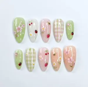 Handmade Spring Garden Press On Nails, Floral Cherry Bee Nail Art, Pastel Gingham Almond Nails
