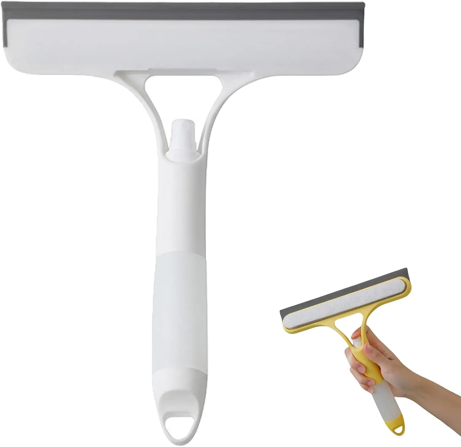 3-in-1 Blade-Infused Rubber Brush Squeegee - White Ergonomic Comfortable Handle, Spray Function, Scrubber, Wipe & Squeegee Drying Tool for Car Windows, Home Glass Panels