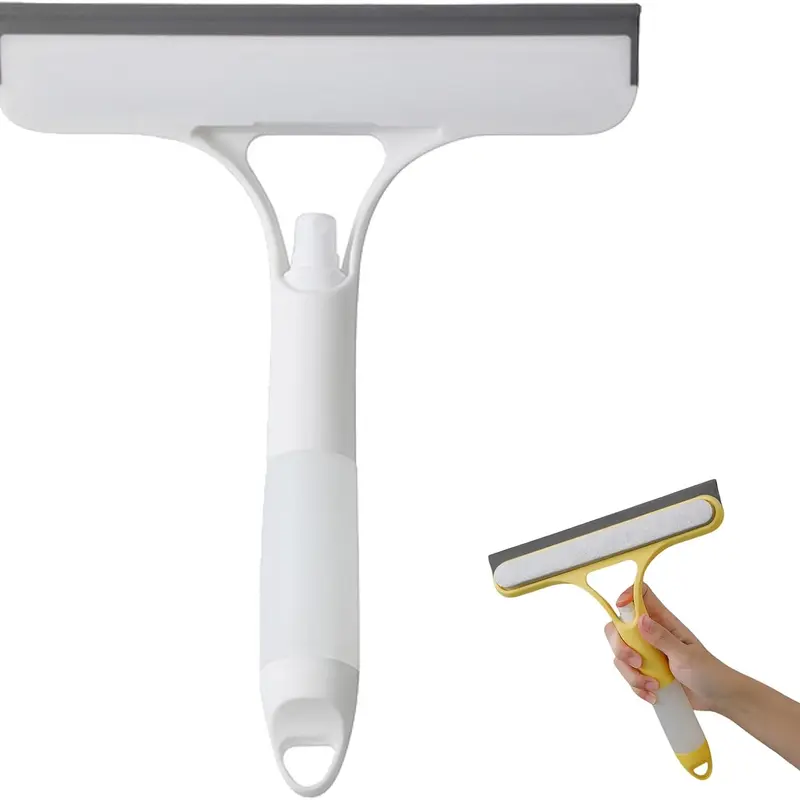 3-in-1 Blade-Infused Rubber Brush Squeegee - White Comfortable Ergonomic Handle, Built-In Spray Function, Scrubber, Streakfree Shine, Squeegee Drying for Car Windows, Kitchen Glass Panels