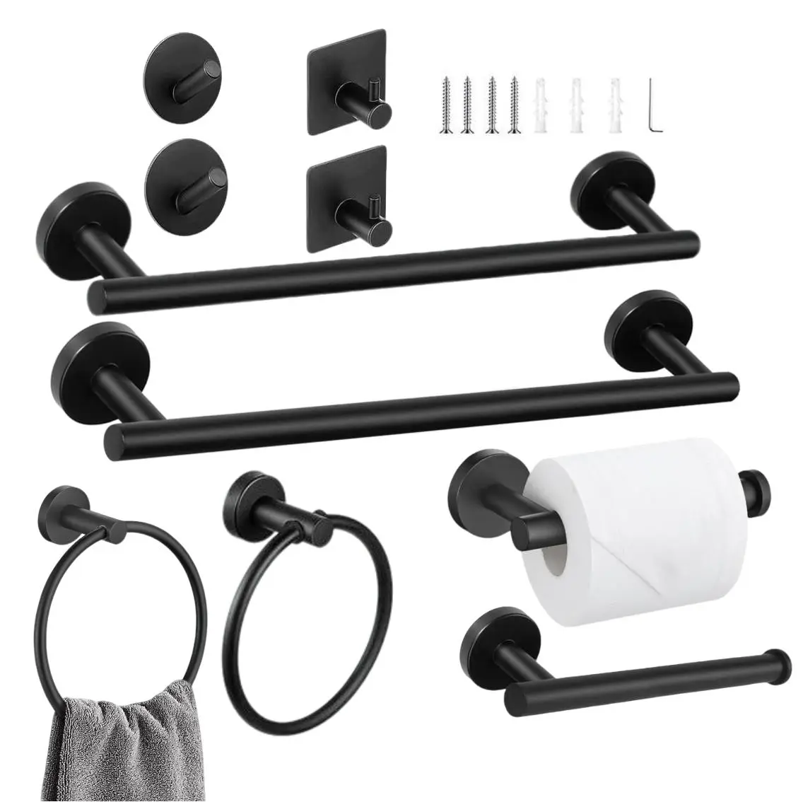 10-Pc Heavy-Duty Brushed Nickel Stainless Steel Bathroom Hardware Set - 16-in Towel Bar, Toilet Paper Holder, Multifunctional Hooks, 22 lbs Load Capacity, Installation Instructions, Bath Storage Solution