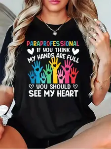 Women's Paraprofessional "If Your Hands Are Full, See My Heart" T-Shirt - Casual Short Sleeve Round Neck Solid Color (Black, Grey, White, Dark Red) - Suitable for Nurses, Teachers & Caregivers