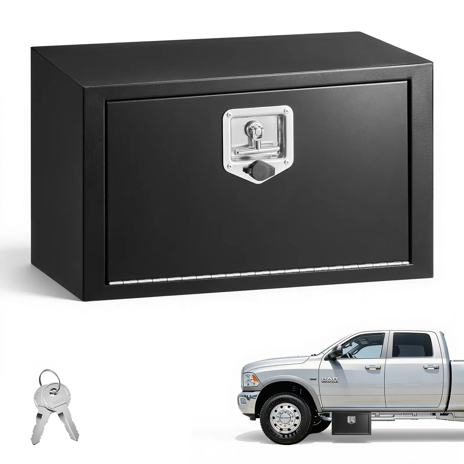 VEVOR Heavy Duty Powder Coated Truck Bed Toolbox, 24x12x14in Durable Toolbox with Underbody Mount, Pry-Resistant Lock, Recessed T-Handle, Seamless Construction, Hinge, Spare Keys, Waterproof, Lightweight Yet Spacious, Portable for Truck, Van, Black, Spare