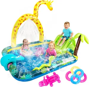 Inflatable Jungle Animal Play Center, Inflatable Water Park Kiddie Pool with Slide & Water Sprayer, Ideal for Summer Outdoor Splash Play, Backyard Garden, Size 102.5" x75" x 54.5"