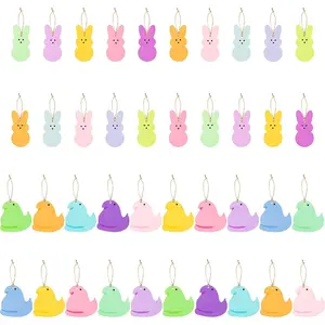 40 count Easter Peeps Chick Bunny Wooden Hanging Ornament Decor, 20 Designs Candy Color Easter Bunny Chick Pendant Ornament Set with Rope Hello Spring Easter Party Supplies for Indoor Outdoor