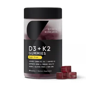 Sports Research® Vegan Vitamin D3 + K2 Sugar-Free Gummies - 125mcg (5000iu) Vitamin D w/ 100mcg Mk7 Vitamin K - Supports Bone & Immune Health* -  Vegan Certified · Non-GMO · Soy Free - 60 Count