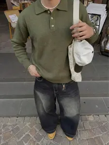 Men's Long Sleeve Polo Shirt, Loose Fit Casual Knit Top, Vintage Style, Comfortable Fabric, Spring & Fall Daily Wear, Knitted Shirt