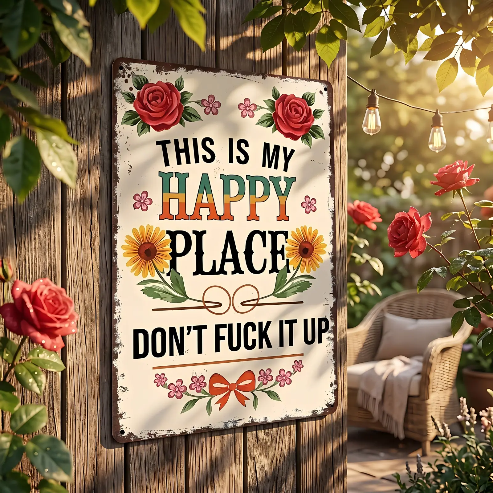 This Is My Happy Place Dont F*ck It up Metal Sign, 12/8 inch Funny Metal Sign Retro Vintage Aluminum Tin Plaque for Outdoor Garden, Patio & Home Wall Decor Humorous Housewarming Gift for Office Bar