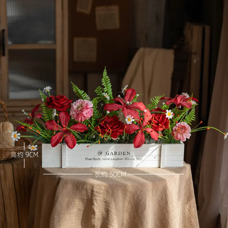 Red horn rose 50cm white wood fence