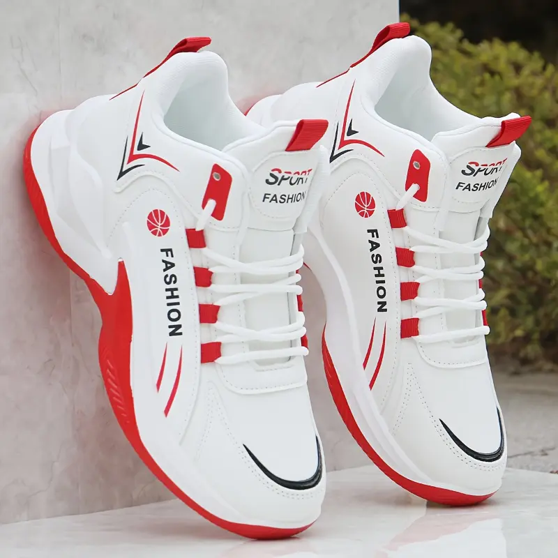 Men's High-Top Lace-Up Fashionable Sports Shoes - Stylish White & Red Modern Athletic Sneakers, Lightweight, Non-Slip Rubber Sole for Steady Traction, Outdoor All-Season Sports Footwear