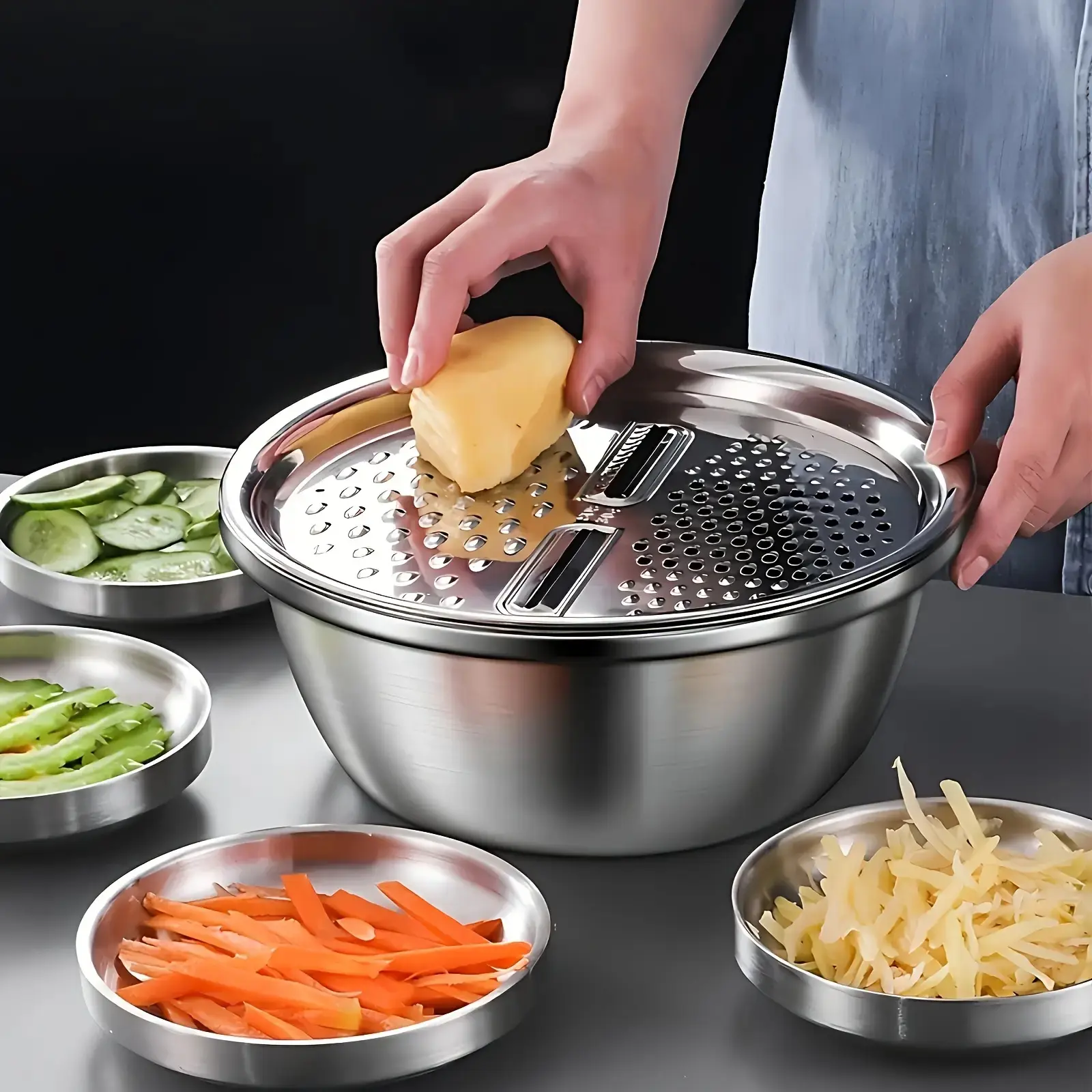 Silver Stainless Steel 3-Piece Kitchen Utensils Set - Kitchen Supplies with Integrated Grinder, Multifunctional Filter, Draining Mixing Bowl - Food Safety Focus for Food Preparation, Washing, Cooking of Fruits, Vegetables