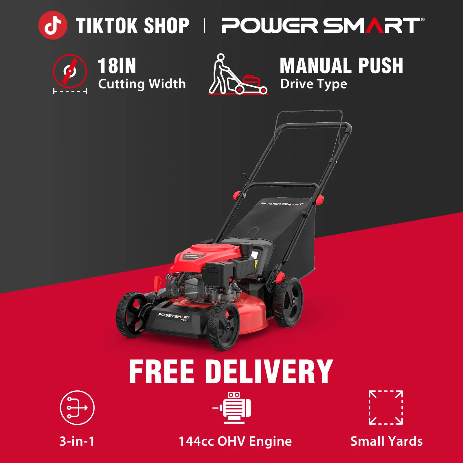 PowerSmart 18-Inch 2-in-1/3-In-1 Gas Lawn Mower, 4-Cycle OHV 144cc Engine, Walk-Behind Push Lawn Mower, Mulch/Bag/Side Discharge, 5/6 Height Adjustment, Heavy-Duty for Small Yards (DV8618C/DV8618P)