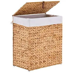 Handwoven Laundry Basket with Lid, Natural Water Hyacinth Storage Basket with Handle, Wicker Laundry Hamper with Removable Cotton Liner and 2 Mash Bags（233）