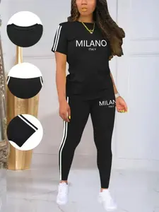 Two-Piece Set Women's Letter Print Tee & Skinny Pants Set, Casual Fitted Fashion Cozy Knit Round Neck Short Sleeve T-shirt & Trousers for Daily Everyday Outdoor Wear, Ladies Summer Clothes, Suits, Outfits, Womenswear