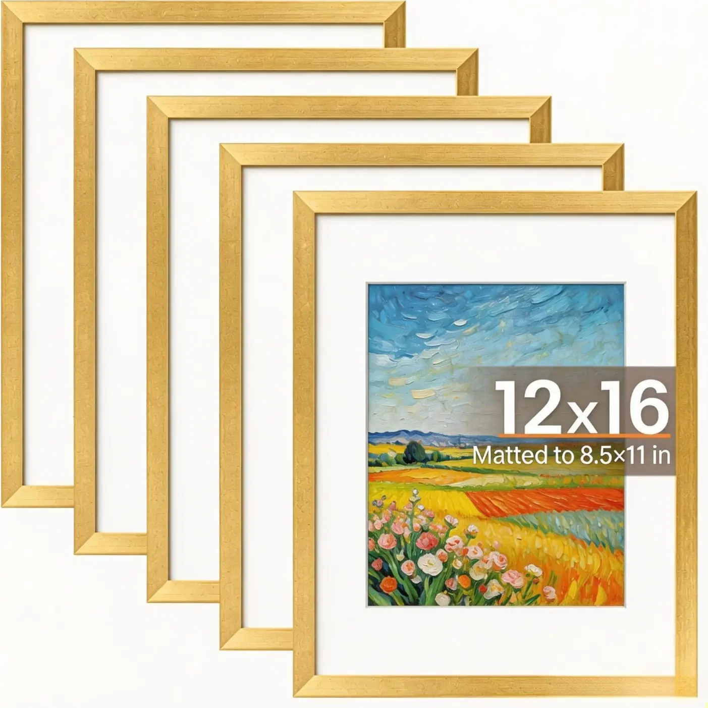 12x16 Picture Frame Set of 5, Display Pictures 8.5x11 with Mat or 12x16 Without Mat, Wall Gallery Photo Frames, 8×12/12×16 Inch, Golden