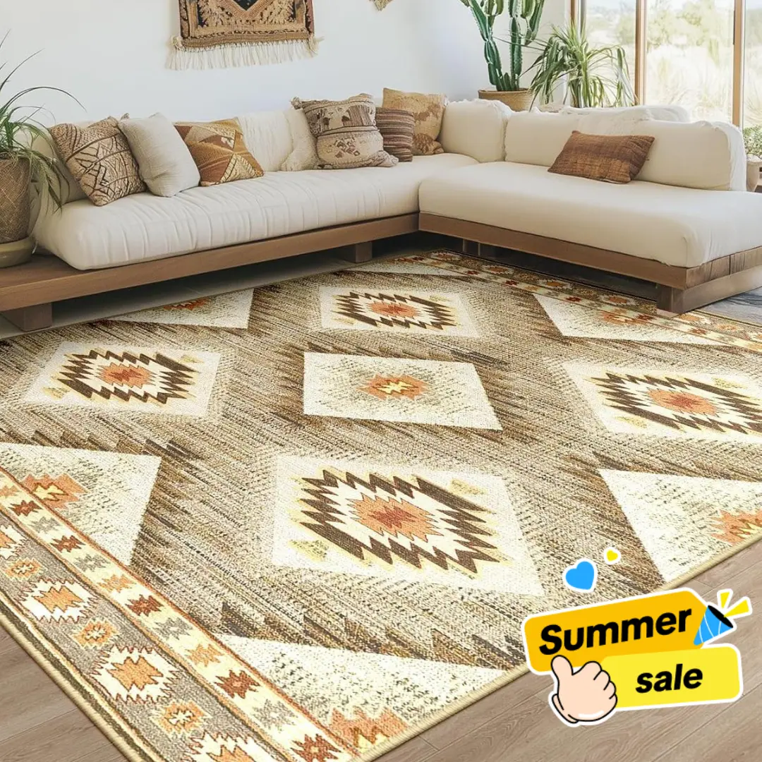 BESTSWEETIE | 8x10/9x12/10x14 Large Area Rugs – Machine Washable Boho Carpets for Living Room & Bedroom – Soft Faux Wool, Low-Pile, Non-Slip, Easy-Maintenance, Distressed Western Rugs for Home Decor, Home Essentials & Back to School Dorm Essentials