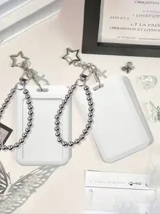 White Card Holder With Star Pendant Paired With Fake Pearl Pendants, Bag Ornament, Keychain, Can Hold Id Card, Celebrity Card, Bus Card, Meal Card, Subway Card, Photo, Residential Card, Access Card Protective Cover