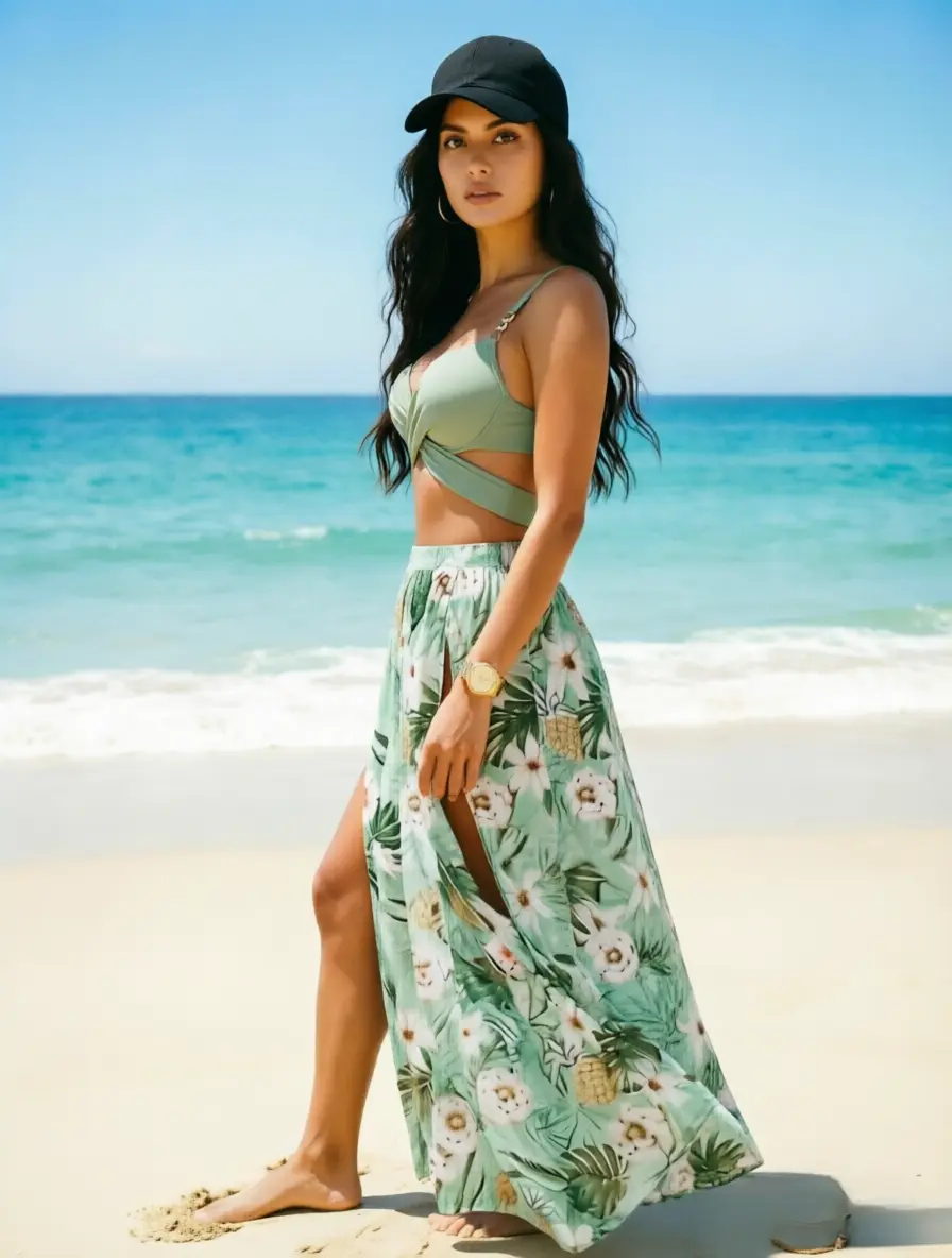 Women's 3 Pieces Tropical Pineapple Floral Bikini Set with Cover Up Skirt, Halter Swimsuit, Shapewear Swimsuit, Fancy Swimsuit, Wrap Tie Back High Cut Bathing Suit with Long Beach Wrap Skirt