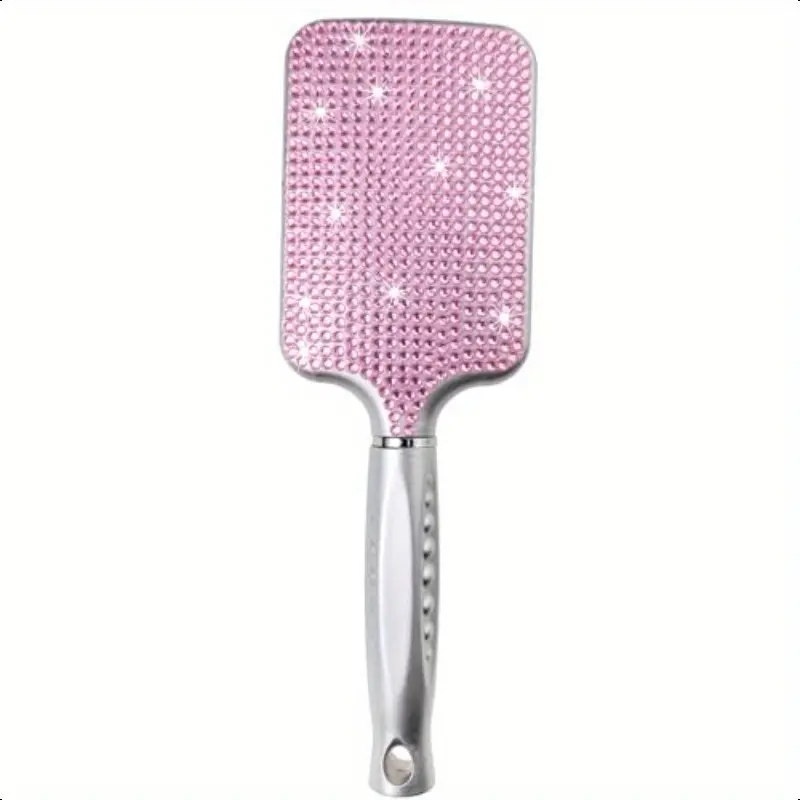 Shiny Pink Rhinestone Cushion Massage Comb - Women's Detangling Hair Comb, Gentle Nylon Bristles and Fashionable Hair Care Gift, Rhinestone-Inlaid Hairbrush