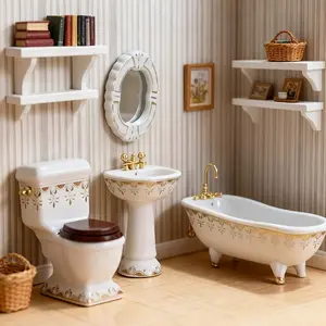4Pcs Set Mini Scene Dollhouse Bathroom Ceramic Set for 1:6 or 1:12 Dollhouse Decoration Ornament Accessory Scene Photography Prop Party Decor Christmas New Year Easter