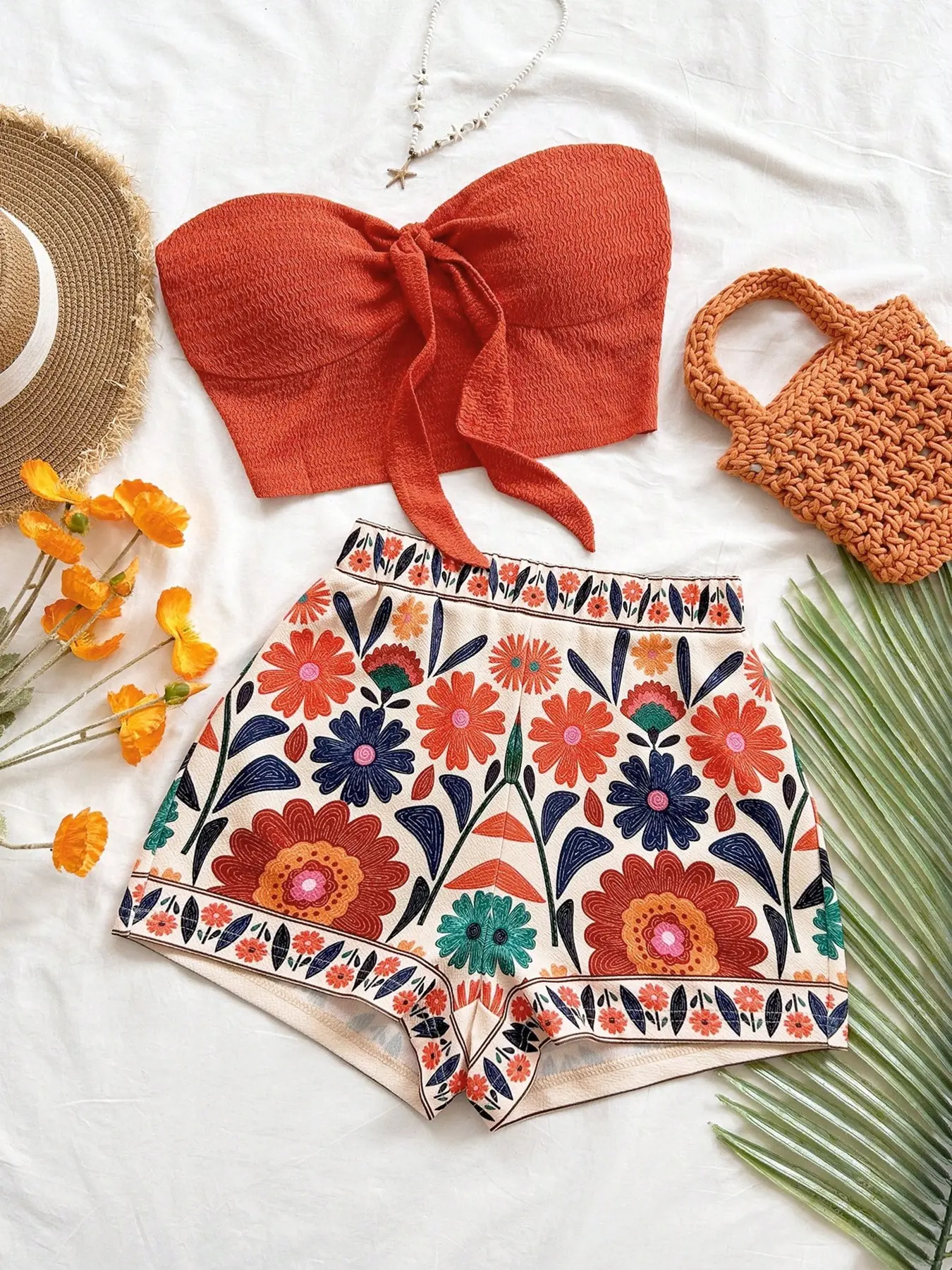 Women's Summer Vacation Two-Piece Set, Sensual Boho Tube Crop Top & Bohemian Ethnic Floral Print Shorts