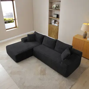 105-Inch Cloud-Style Modular Corduroy Couch, Modern Upholstered L-Shaped Sofa with Wide Arms, Chaise, Ultra-Soft Deep Seats, Optional Corduroy Ottoman, Black Indoor Living Room Furniture, Modern Upholstered Sofa