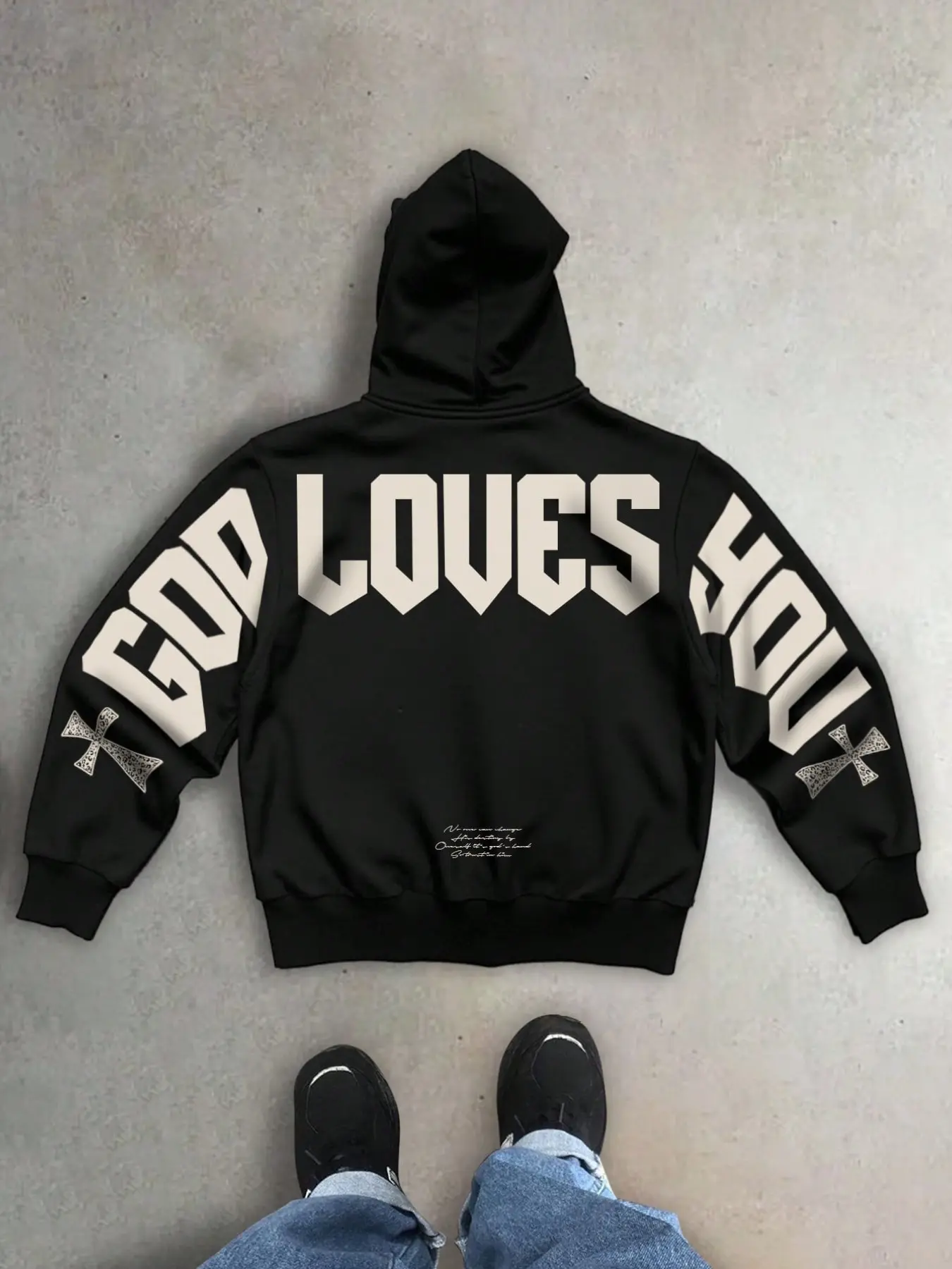 Opium Aesthetic "GOD LOVES YOU" Oversized Full-Zip Hoodie | Gothic Cross Sleeve Print Heavyweight Streetwear | Baggy Darkwear Sweatshirt for Urban Night Out & Skate Style | Unisex High-Street Essentials.