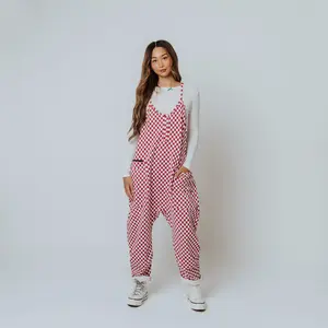 Women's Tank Romper - Washed Red and White Mini Check