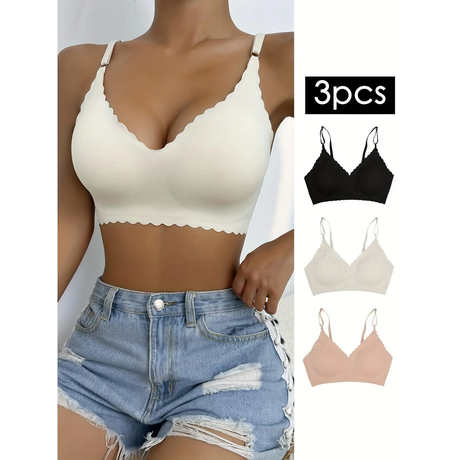 Women's 3-Piece Seamless Solid Color Shell Edge Pushup Elastic Everyday Essential Bras - Breathable Bralettes, Minimalist Underwear, Comfortable Straps, Hand Wash Only, Elastic Bra, Everyday Essential Bra