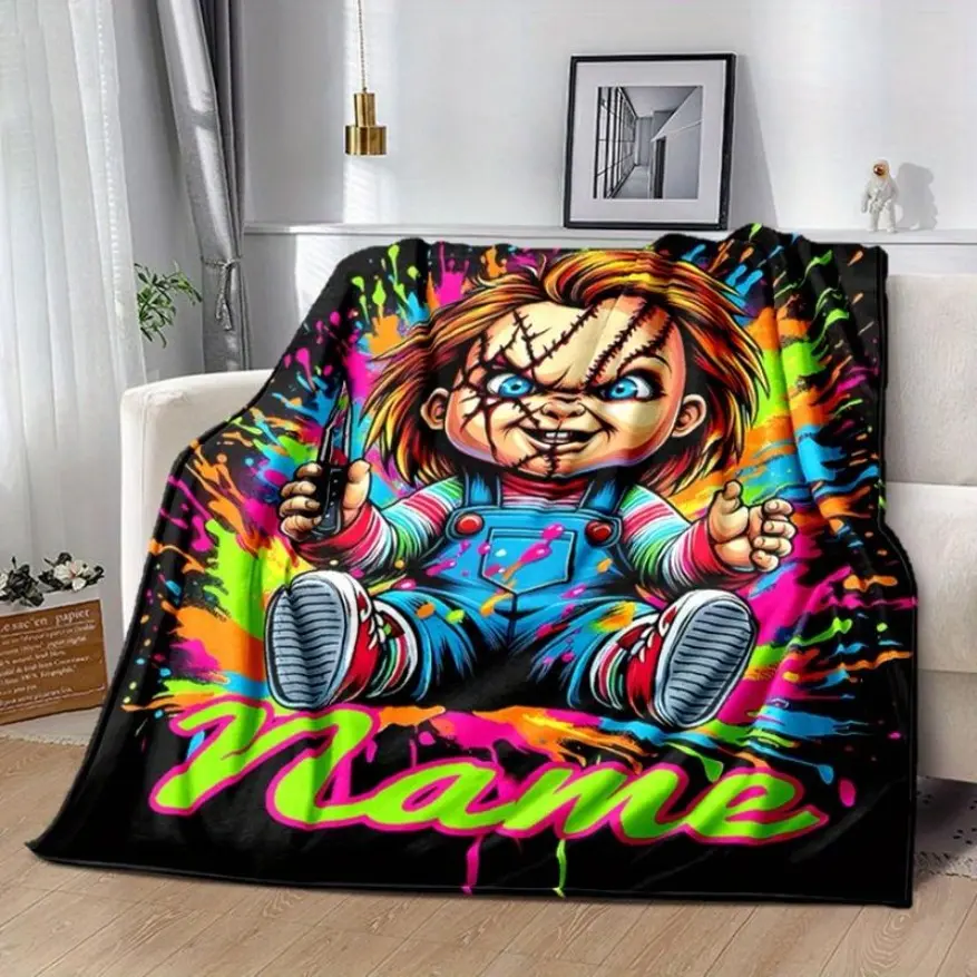 Chucky Print Flannel Blanket Throw, Cozy Soft Warm Polyester Decorative Sofa Blanket, Machine Washable Personalized Gift for Horror Movie Fans, Outdoor Nap Camping Travel Use