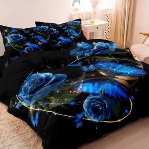 3pcs Butterfly & Rose Floral Printing Duvet Cover Set - Includes 1 Duvet Cover and 2 Pillowcases, Breathable Polyester, Machine Washable - Perfect for All Seasons