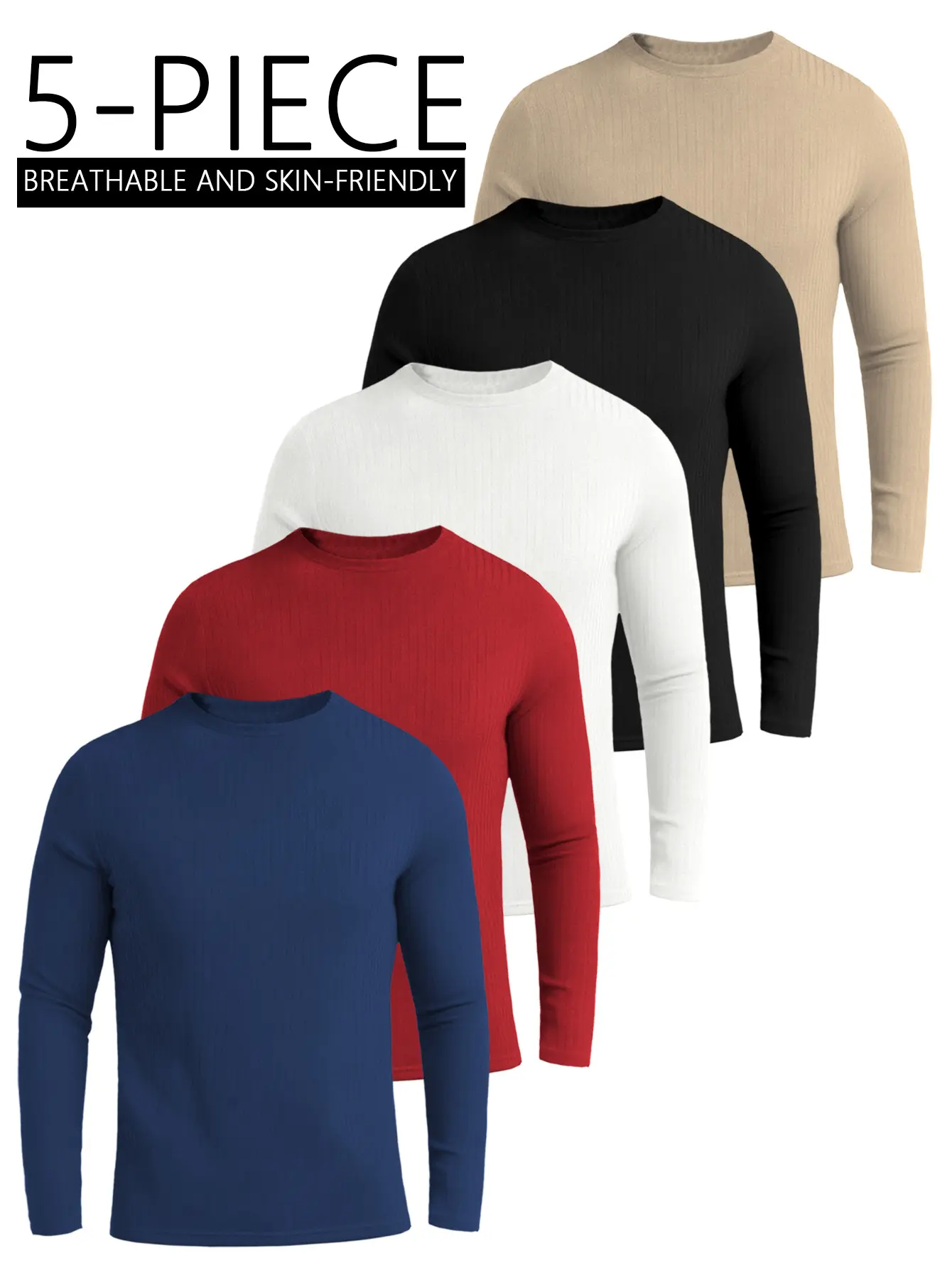 Men's 5-Piece Classic Long-Sleeve Round-Neck Thermal Underwear Tops Set, Polyester Menswear for Casual Sports & Outdoor Activities, Beige Shirts