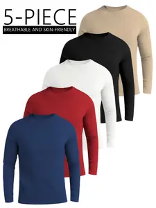 5-piece set of men's long-sleeved shirts, round-neck thermal underwear tops, casual wear polyester sleeve crew neck