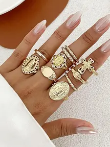 Vintage Gold Virgin Mary Cross Rings Set for Women,10Pcs Chunky Stackable Cross Knuckle Rings Set Retro Jewlery Accessories