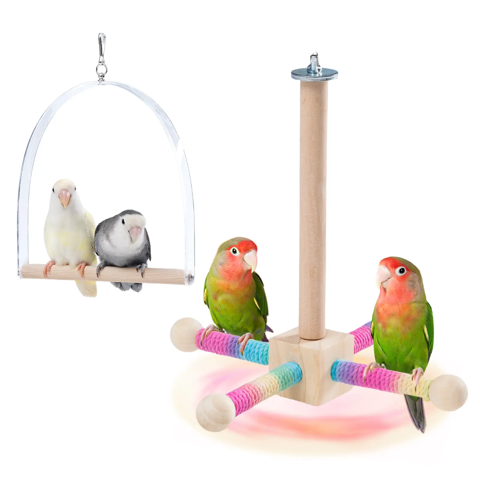 360-Rotatable Parrot Perch & Acrylic Swing Set, Natural Wood-Cotton Rope Stand with Silent Bearing, Bird Cage Accessory That Stimulates Birds, Relieves Boredom for Small-Medium Pets (Budgies, Lovebirds, Cockatiels)