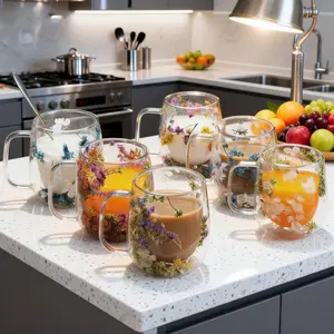 Aesthetic Double-Walled Glass Mugs - 4 Styles with Floral/Christmas Designs, Insulated & Trendy, Perfect for Coffee/Tea Lovers Drinkware