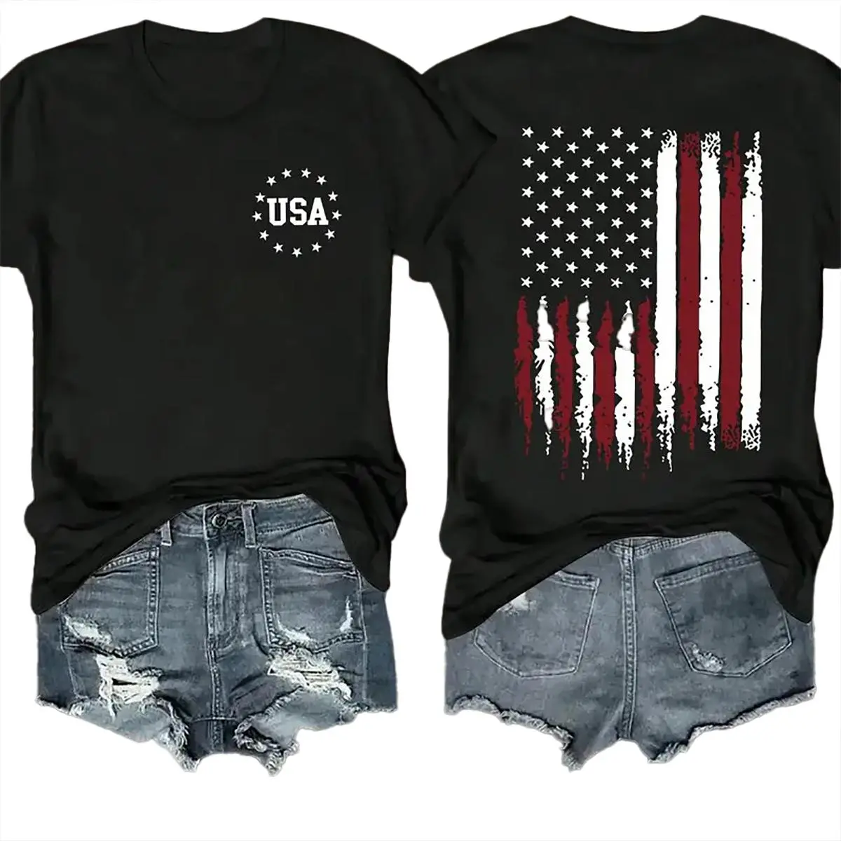 Women's Vintage Graphic Tees - Star & Flag Print, Round Neck, Short Sleeve, "USA" Letter Print, 4th of July Stuff, July 4 Shirts, Summer Daily Wear Outfit