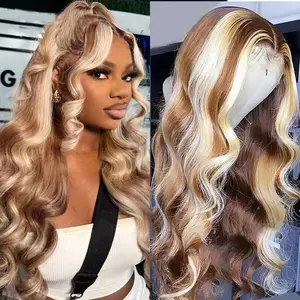Yeswigs 13x6 Body Wave Highlight Ombre Lace Front Wig Human Hair 13x6 HD Lace Front Wigs Human Hair 180% Density #27/613 Colored Wigs Honey Blonde Glueless Wigs Human Hair Pre Plucked Pre Cut