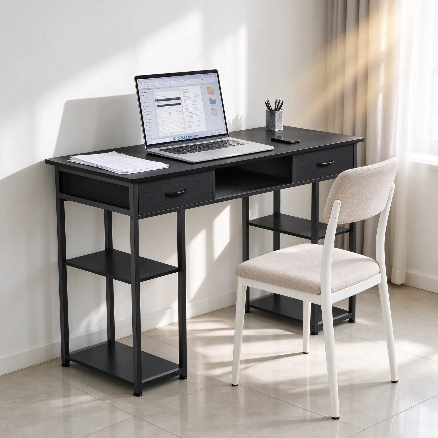 48/32In Small Home Office Desk with Drawer,Bedroom dressing table,Multi functional storage table,  Fabric  Pocket,  hooks, Metal Frame, adjustable partition, Writing Study Desk,handmade table, Space Saving Modern Workstation cpu stand bag