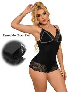 Women Sexy Lingerie Bodysuit V Neck Romper Boudoir Nightwear Jumpsuit Lace Babydoll Floral Pajamas With Removable Sponge Pad Adjustable Shoulder Straps Sling One-Piece Crotch Buckle Elegant Nightwear Plus Lingerie S-2XL