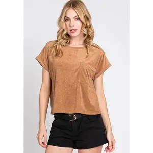 Women's Short-Sleeve Terry Basic Casual Round Neck Loose Fit Top - Front Pocket, 21" Length, True to Size, Matching Joggers Option
