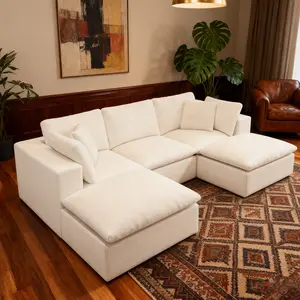 108" U-Shaped Boneless Upholstered Chenille Sofa Settee - Modular Cloud Couch Set with Ottoman, Memory Foam Cushions, Removable Washable Cushions/Pillows, No Assembly, Free Combination, Furniture for Living Room (5 Packages Shipping)
