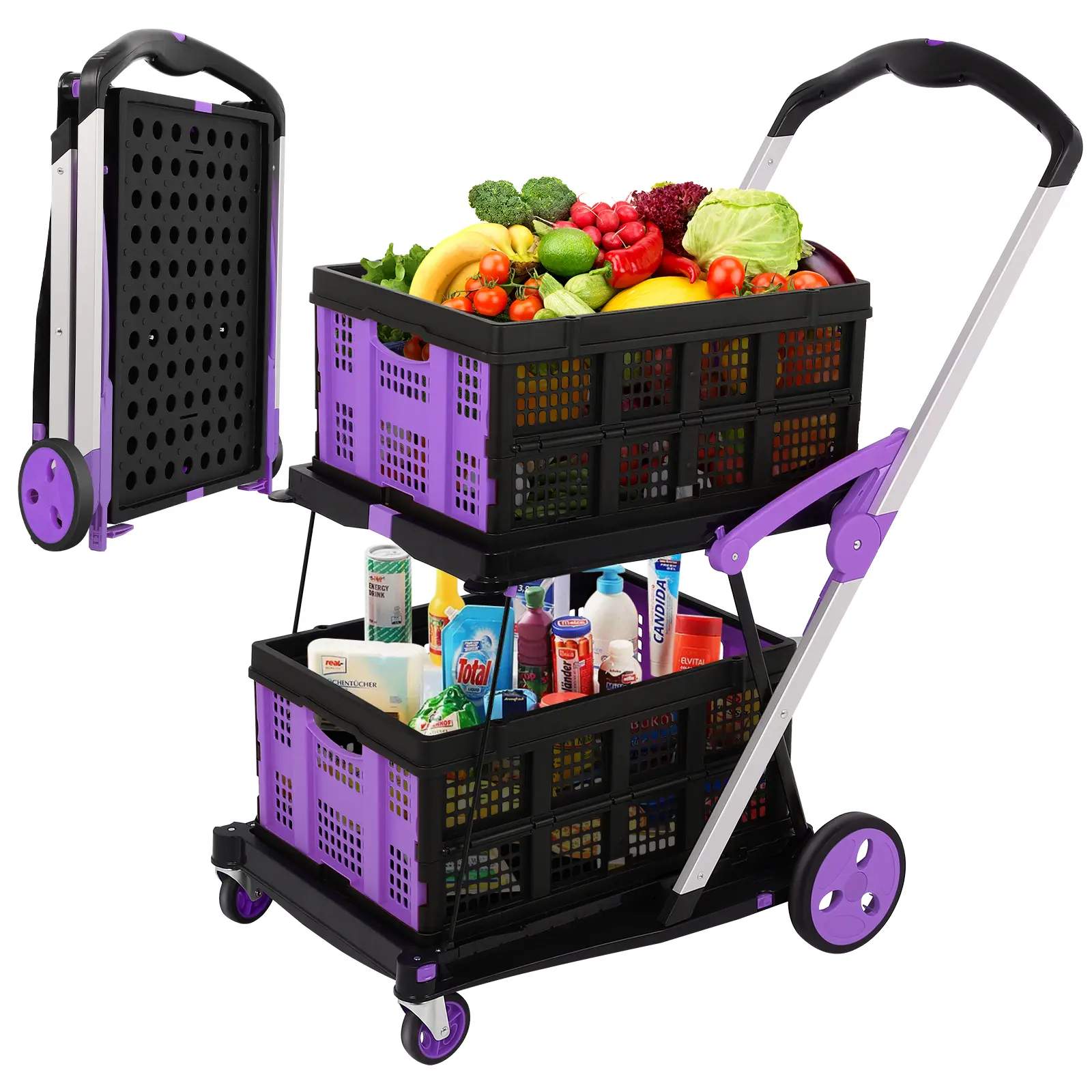 multifunctional folding cart,2 baskets included,collapsible Shopping Cart,storage cart,Modern Portable collapsible Multi-Tier double decker wagon,lightweight,Summervibes,home essentials