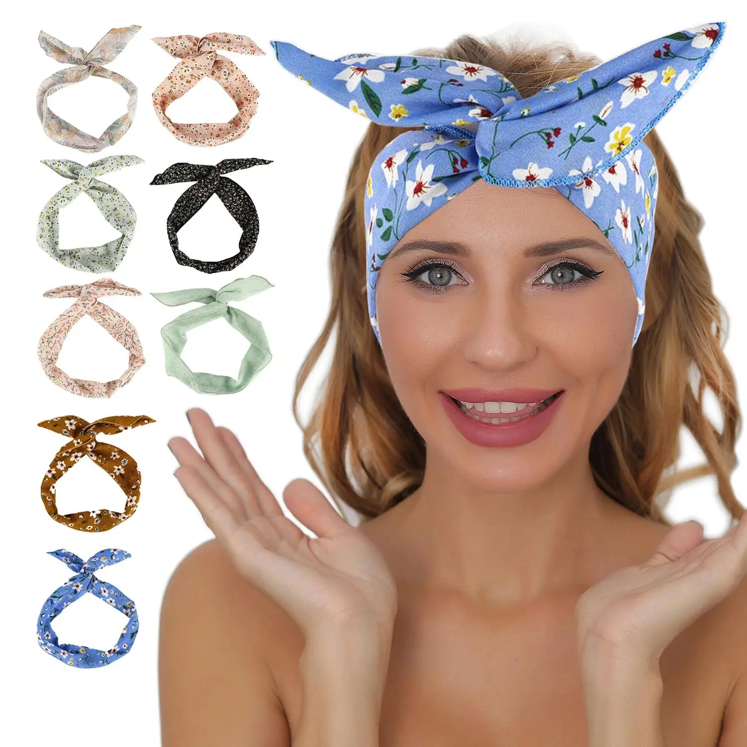 Cute Style Bunny Ear Headbands for Women & Girls, 2-Pack Printed Chiffon Elastic Hair Accessories with Flexible Wire, Bunny Earbands, Cute Style Headbands, Elastic Headbands