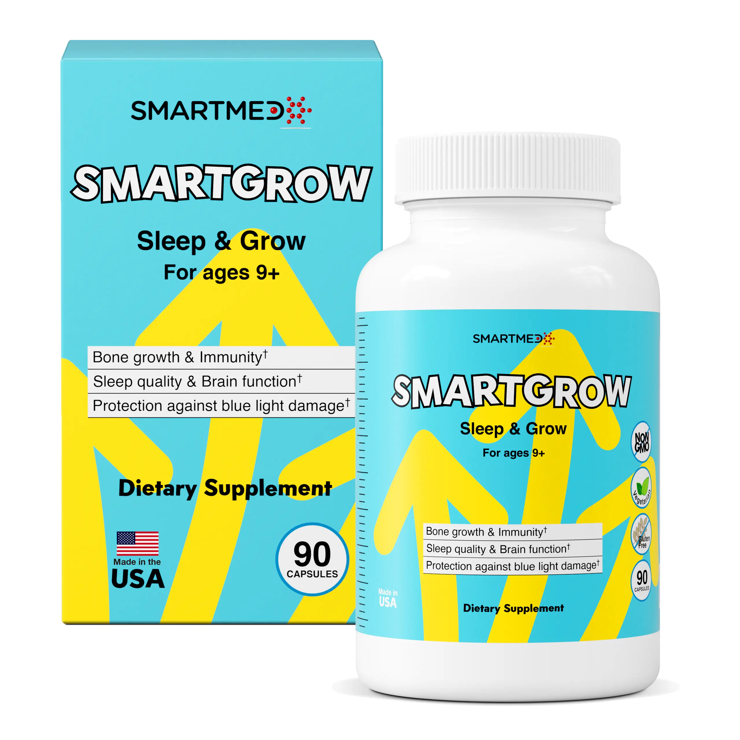 SMARTGROW Sleep & Grow Brain Height Growth Vitamins, Natural Dietary Supplement for Kids - Supports Brain Health, Eye Health, Fitness & Overall Wellness