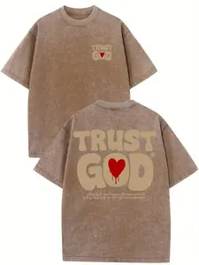 Religious Faith Statement Tee | Trust God Heart Quote Print | Brown Washed Cotton | Vintage Streetwear Aesthetic | Comfortable Oversized Fit | Everyday Casual & Faith Events Wear | Minimalist Christian Inspired Graphic Top