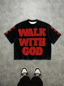 Oversized White Graphic Long Tee With 'Walk With God' Slogan — Bold Streetwear Statement! Distressed Grunge Black Print, Relaxed Fit & Star Accents For Urban Cool. Perfect For Casual Layering, Menswear.
