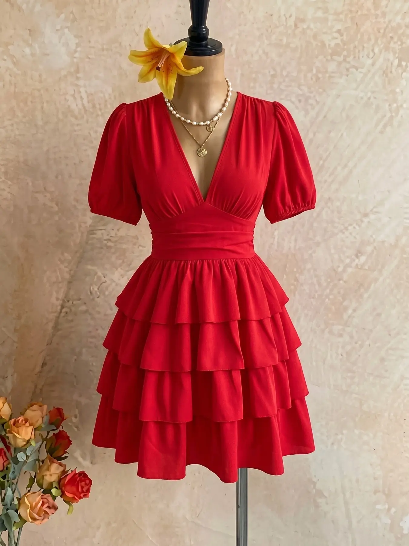 Women's Red Puff Sleeve Tiered Dress, Chic V-Neck High Waist Ruffle Flare Mini Dress for Casual & Vacation, Fit, Elegance