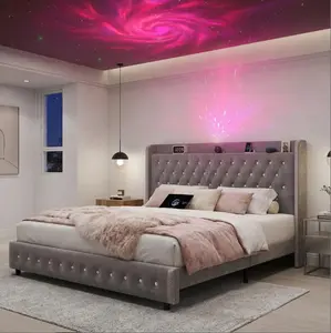GEGOFORU Queen LED Bed Frame with Galaxy Projector & Bluetooth Speaker, Upholstered Platform Bed with 46” Tall Headboard, USB Charging Station, Storage Drawers & Wood Slat Support,Silent & Noise,Velvet