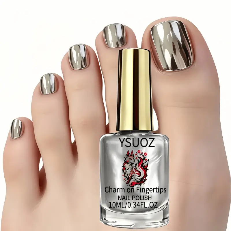 Liquid Metal Mirror Silver Nail Polish – Air-dry (no-lamp) formula with a glass-like mirror finish; streak-free coverage in a single coat; cyber-style silver with a reflective mirror effect; long-lasting formula