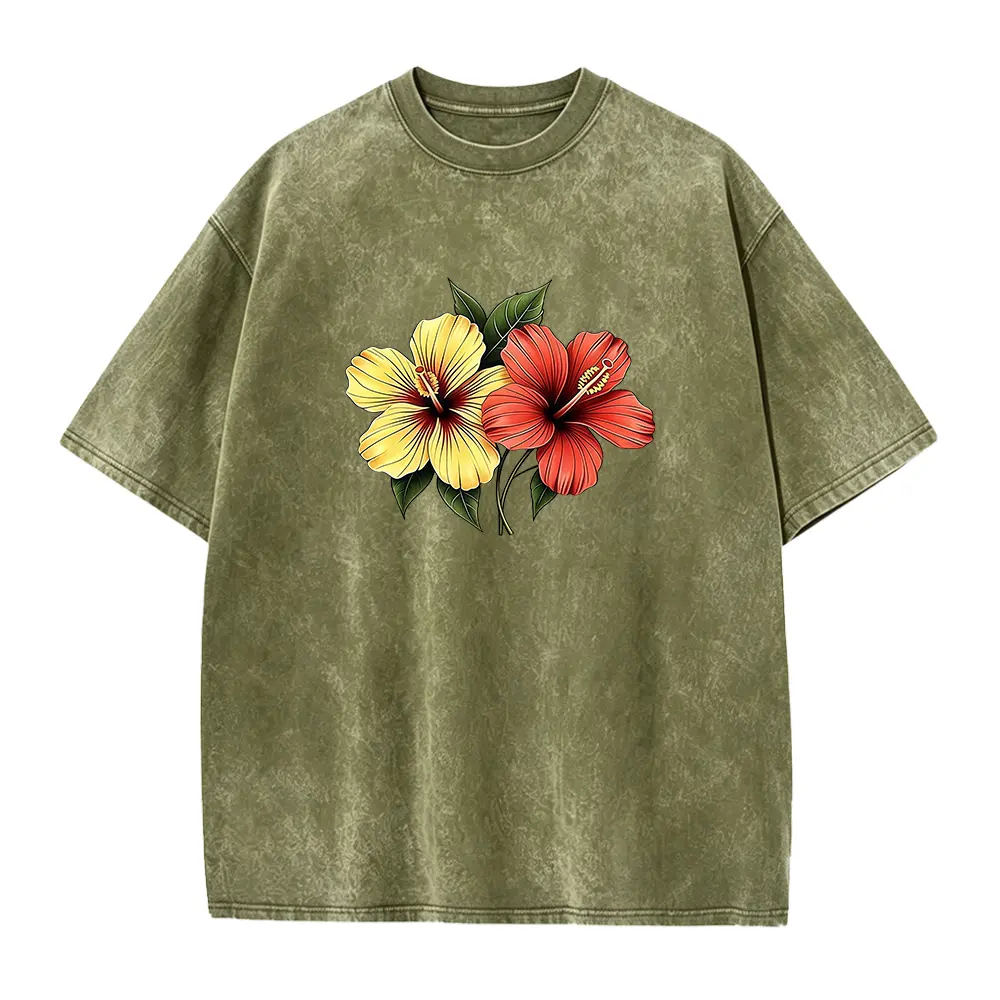 Women's Fashion White T - Shirt, with Hibiscus & Leaves Print, Short Sleeve Round Neck, Polyester Material, Multiple Specifications Available, Match with Blue Denim Shorts, Casual Daily Wear, Trendy Summer Top